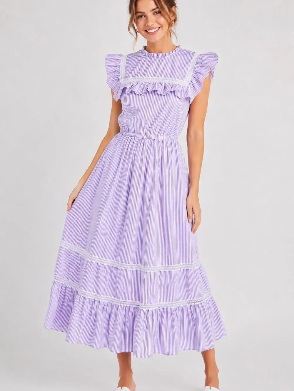 J.Crew Lavender Stripe Tiered Ruffle Midi Dress Lace Trim Cottagecore L￼